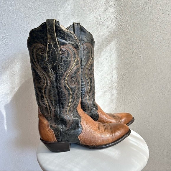 Corral Boots Western Tan Brown and Black Distressed Leather Round Toe Cowgirl 8M - Picture 1 of 11